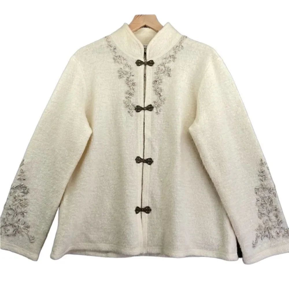 ColdWater Creek- Women’s Cream Boiled Wool Winter Nordic Embroidered Cardigan, L